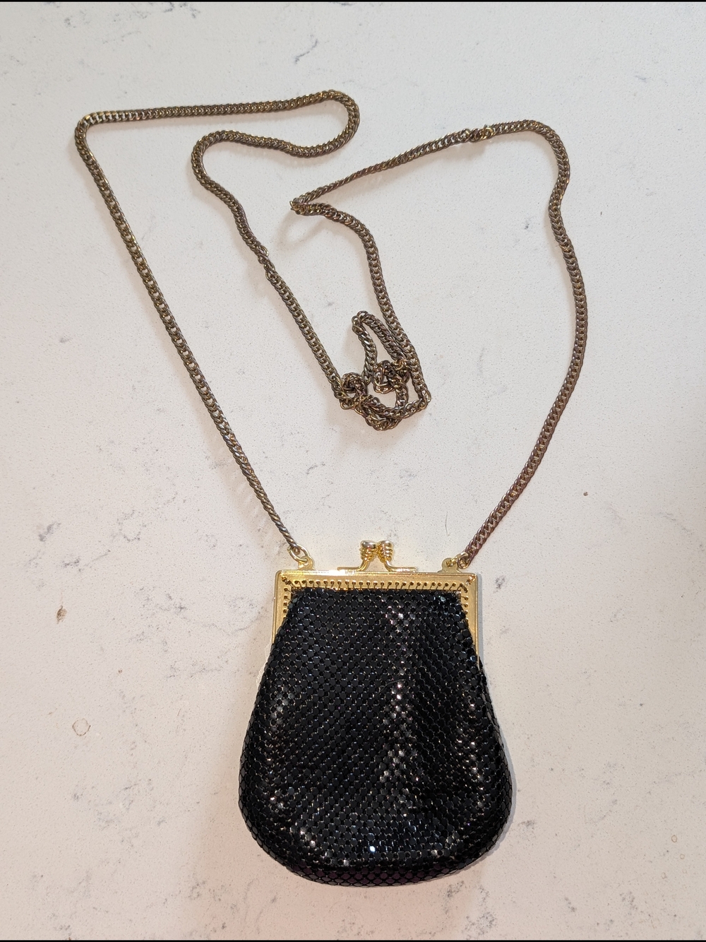 Whiting & Davis Black Mesh Mini Purse with Gold Frame & Chain